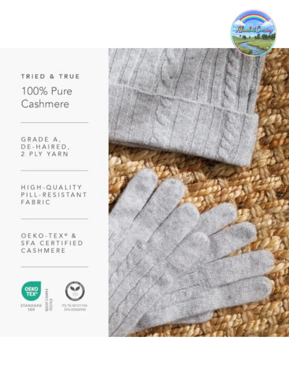 100% Cashmere Women's Hat & Glove Set, Cable Knit Beanie & Gloves, One Size